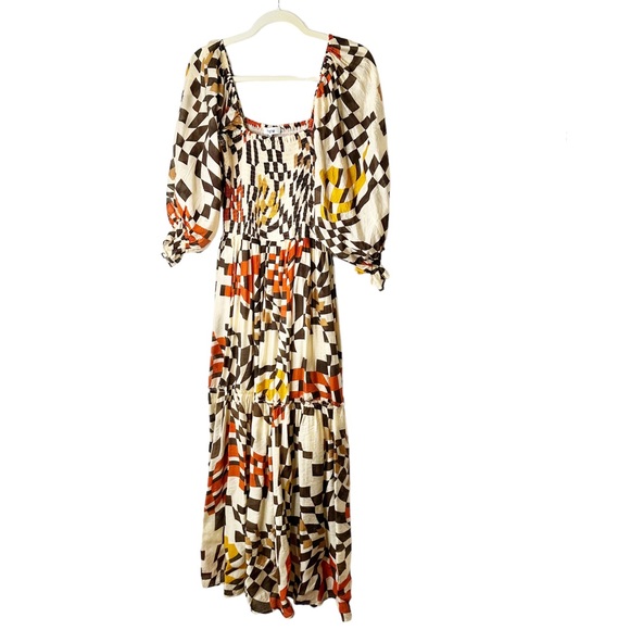 Fate Printed Pocketed Smocked Midi Dress Brown Multi Puffy Sleeves Square Neck M - Picture 10 of 16